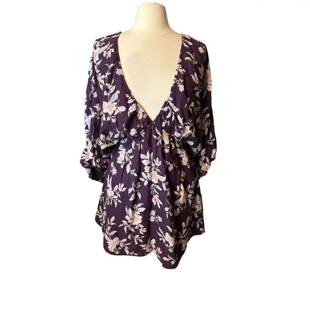 Free People NEW Portia Mini Dress Size Small Mulberry Floral $148 Boho V Neck